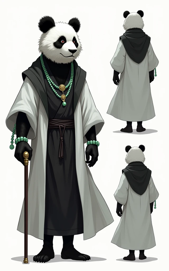 (masterpiece, top quality, best quality, official art,beautiful and aesthetic:1.2),(4k,8k, best quality,masterpiece:1.2),(((white background))), solo,Game character, the panda person, a game character inspired by pandas, wearing a black and white robe, adorned with a jade bead necklace and bracelet, viewed from multiple angles including back view and side view, holding a cane. The structure is clear and accurate, with a modern realistic representation and consistent lighting that looks natural and believable.