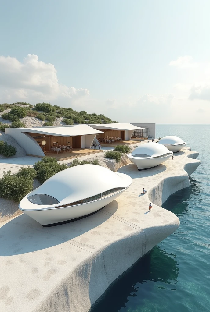 Create an image of three architectural structures with the concept of "BOAT" on sloping ground. The use of the structures is to create a space for market squares. Add clean geometric elements
