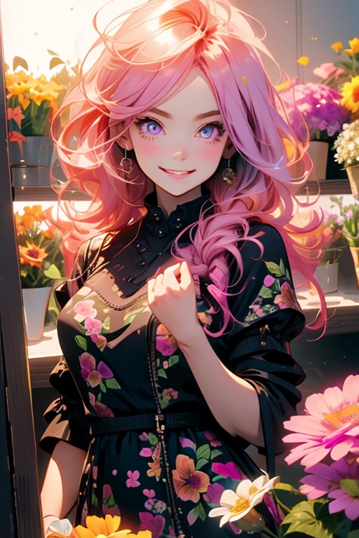 Perfect face. Perfect hands. A pink haired woman with violet eyes with an hourglass figure in a floral dress is smiling while selecting flowers in a floral shop