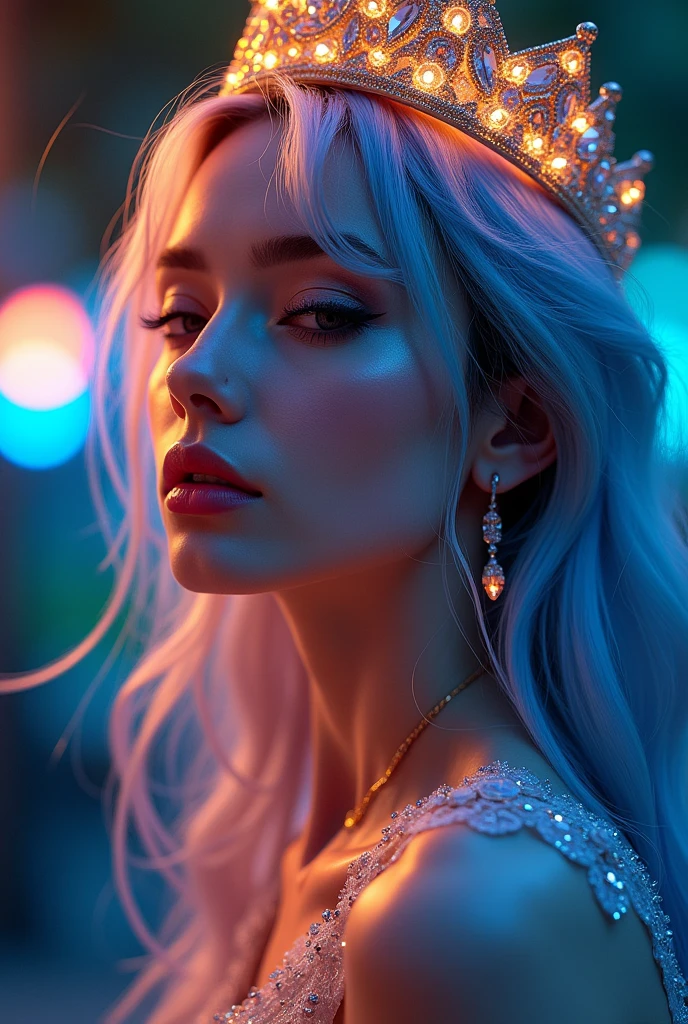 Colored inner hair, Colored inner hair, multicolored hair, Striped hair, crown, Semi-closed Eyes, Crystal earrings, surrealism, Genre painting, Ray tracing, Glowing light, full bloom, Polar opposites, Nikon, kanon, 8K, Super detail, hyper HD, retinas, ccurate, Masterpiece, Anatomically correct, Textured skin, Super detail, High details, High quality, Award-Awarded, Best quality, A high resolution, 1080p, HD, 16k,Full body photo,Valkyrie