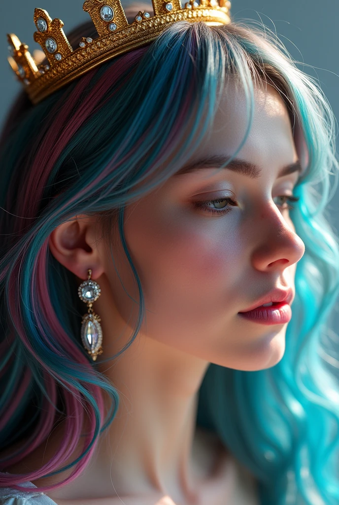 Colored inner hair, Colored inner hair, multicolored hair, Striped hair, crown, Semi-closed Eyes, Crystal earrings, surrealism, Genre painting, Ray tracing, Glowing light, full bloom, Polar opposites, Nikon, kanon, 8K, Super detail, hyper HD, retinas, ccurate, Masterpiece, Anatomically correct, Textured skin, Super detail, High details, High quality, Award-Awarded, Best quality, A high resolution, 1080p, HD, 16k，Full body photo，Valkyrie