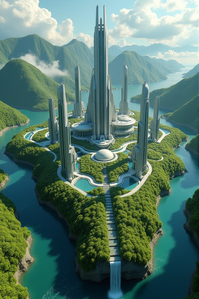 Island in the shape of the Orion constellation, with futuristic buildings and beautiful green landscape