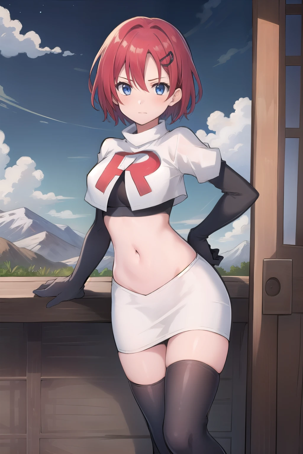 best quality, (masterpiece:1.2), illustration, absurdres, (1girl, solo, beautiful detailed girl),
Emily, short hair, red hair, hair ornament, hairclip, blue eyes, medium breasts,
garrison cap, team rocket,team rocket uniform,white skirt,red letter R,crop top,black thigh-highs,black elbow gloves,
field, sky, clouds, distant mountains,
looking at viewer, 