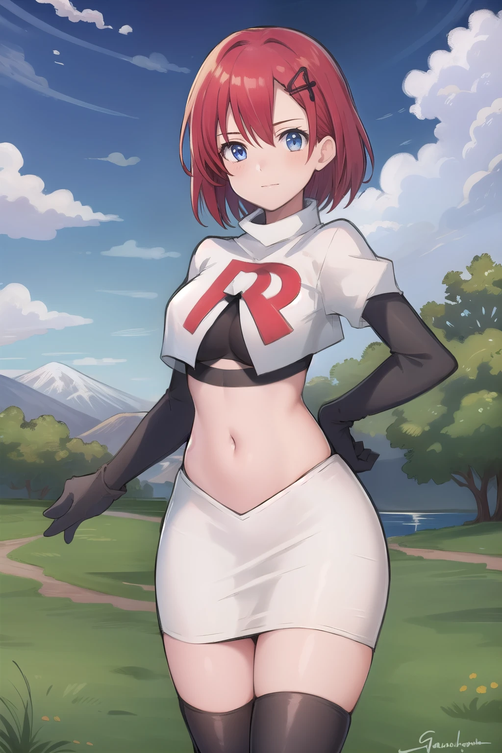 best quality, (masterpiece:1.2), illustration, absurdres, (1girl, solo, beautiful detailed girl),
Emily, short hair, red hair, hair ornament, hairclip, blue eyes, medium breasts,
garrison cap, team rocket,team rocket uniform,white skirt,red letter R,crop top,black thigh-highs,black elbow gloves,
field, sky, clouds, distant mountains,
looking at viewer, 