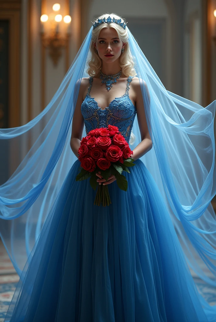 Generates a sports godmother in a blue evening dress with a bouquet of red roses