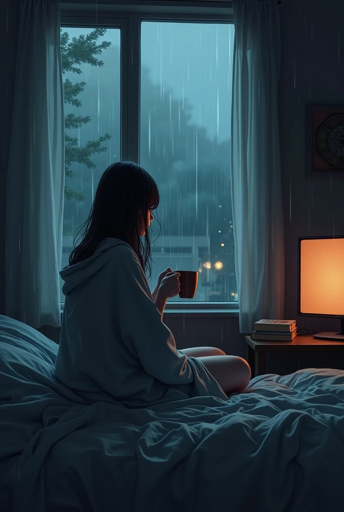 Girl in a room, watching the rain, with a messy bed with books two meters away from you, drinking hot chocolate, There is a big television and the room is black.
