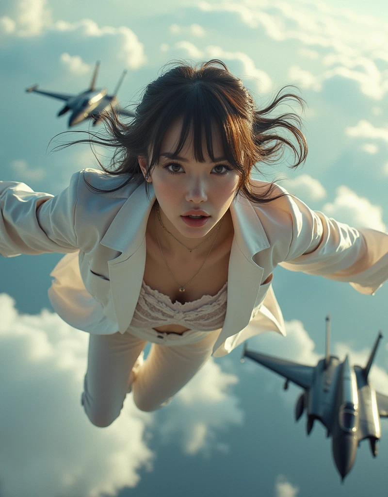NFSW, photo-realistic, ultra-realistic, very beautiful Japanese, famous Japanese idol, 20 years old, dramatic scene, masterpiece, beautiful eyes, mad scientist, conducting a crazy experiment, She developed a special ability to fly, flying with fighter jets, supersonic flight, amazing view from the sky, (very large breasts:1.3), acrobatic pose, dynamic angle, wearing dynamic outfits for mad scientist, head over heels, swoop