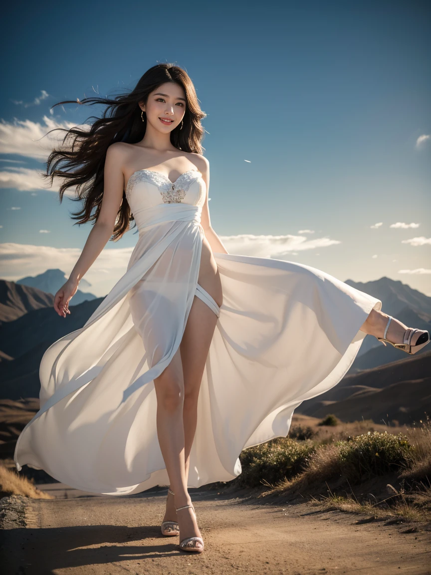 best quality,Masterpiece,Ultra high resolution,(Really usable:1.4),original photo,Ultra high resolution,8ก,There's a woman.,white skin,Exquisite makeup,Big, wavy red lips,Very long dress,high heels,Long legs,bright and beautiful、Long and straight hair_Hair length reaches the waist,Laughing shyly,light,Tyndall Effect,outdoor,cloud