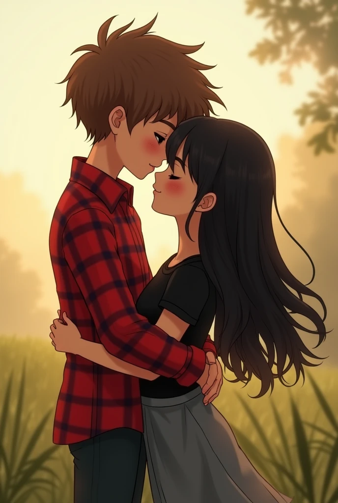 Boy in red plaid shirt with side bangs hugging girl in black shirt with loose black hair 