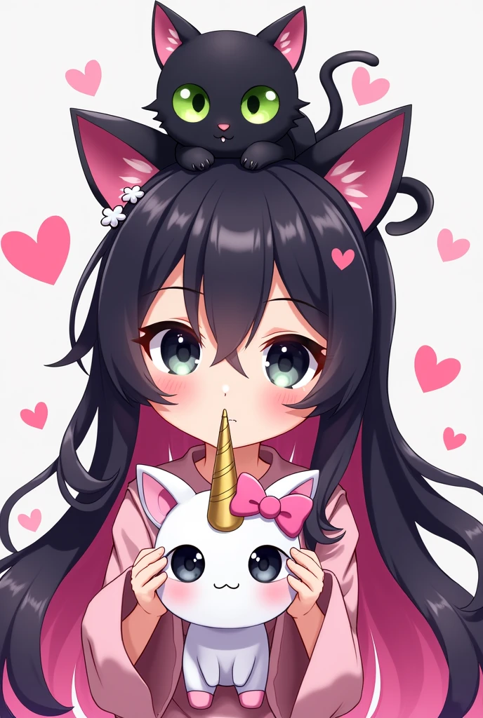 Girl with long pink and black hair with black eyes and a black cat on her head with green eyes and a unicorn plush toy in her hand Anime chibi style