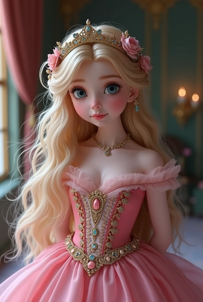 15 year old blonde girl with blue eyes in a green princess dress with a bun in her hair, a beautiful princess hairstyle 