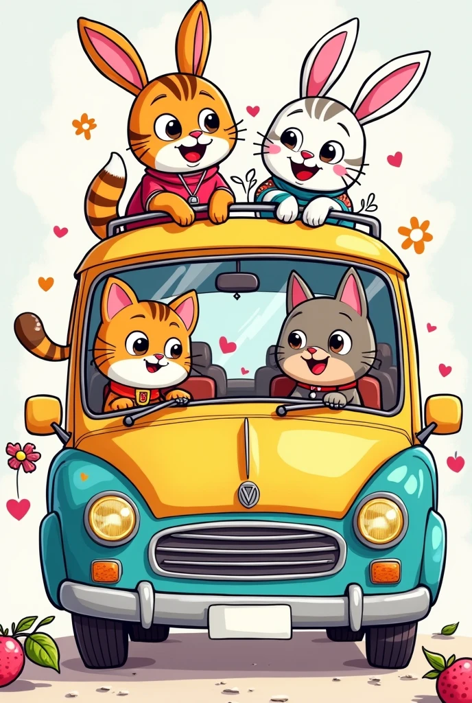  Animated animals inside a car for children to color

