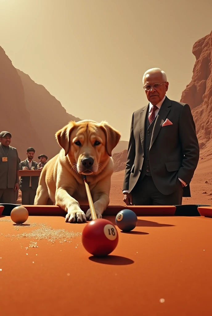 photo ultra realistic , dog playing pool on mars with indian president, around people eating sugar stone