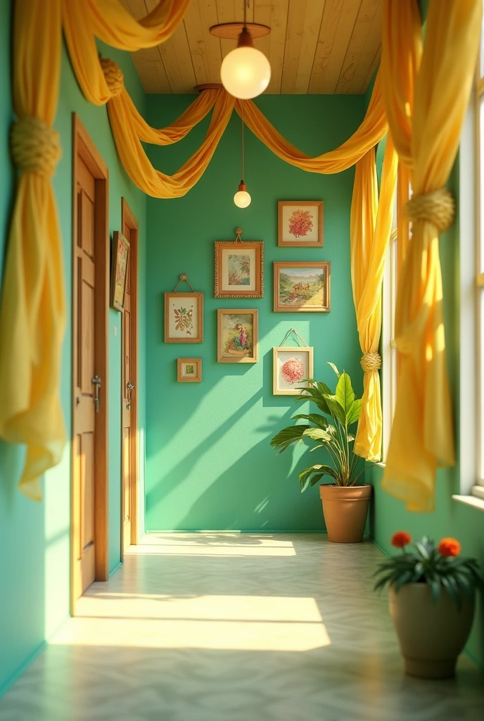 Make a hallway with green wall color, with yellow fabric ribbons,   with pictures hanging on a rope in the shape of a frame 