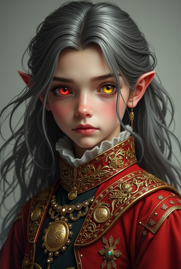 A boy in medieval noble clothes , long silver and black hair , One eye red like rubies and another golden like gold , jewelry , ,