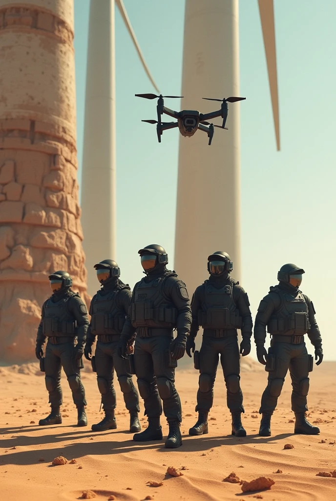 6 Man of 1.80's tall working in a desert location as a security guard wearing black tactical clothing coming out from behind with massive textured wind power towers in front of them and a drone