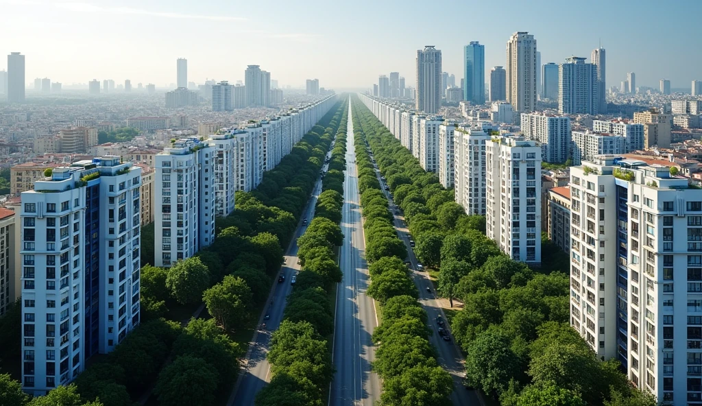 Description for the image:
vista: aerial sky Location: Main avenue of the city of Mollendo.
buildings: Dos filas de edificios residentiales, located on both sides of the avenue. There are 10 buildings on the left side and 10 on the right side..
Design of buildings: Each building has a different architectural design,
On the avenue there are buildings of :
residential.
Office.
Hotel.
Bank. etc.
Colors of the buildings on the left side:
buildings: 1,5 and 6:
white.
buildings: 2,4 y 8
white y lineas azules oscuras.
buildings: 7, 10 y3
white y lineas naranjadas oscuras.
building: 9 White and black lines.
Colors of the buildings on the right side:
buildings: 1, 4, 8
Azul y white.
buildings: 3, 6, 9
Beige y white.
buildings: 2, 5, 7
Plomo y white.
buildings: 10 White and light blue lines.
Height: Each building is approximately 100 meters high and has around 28 floors..
Green trees and path: Includes trees along the avenue and on the central path.
