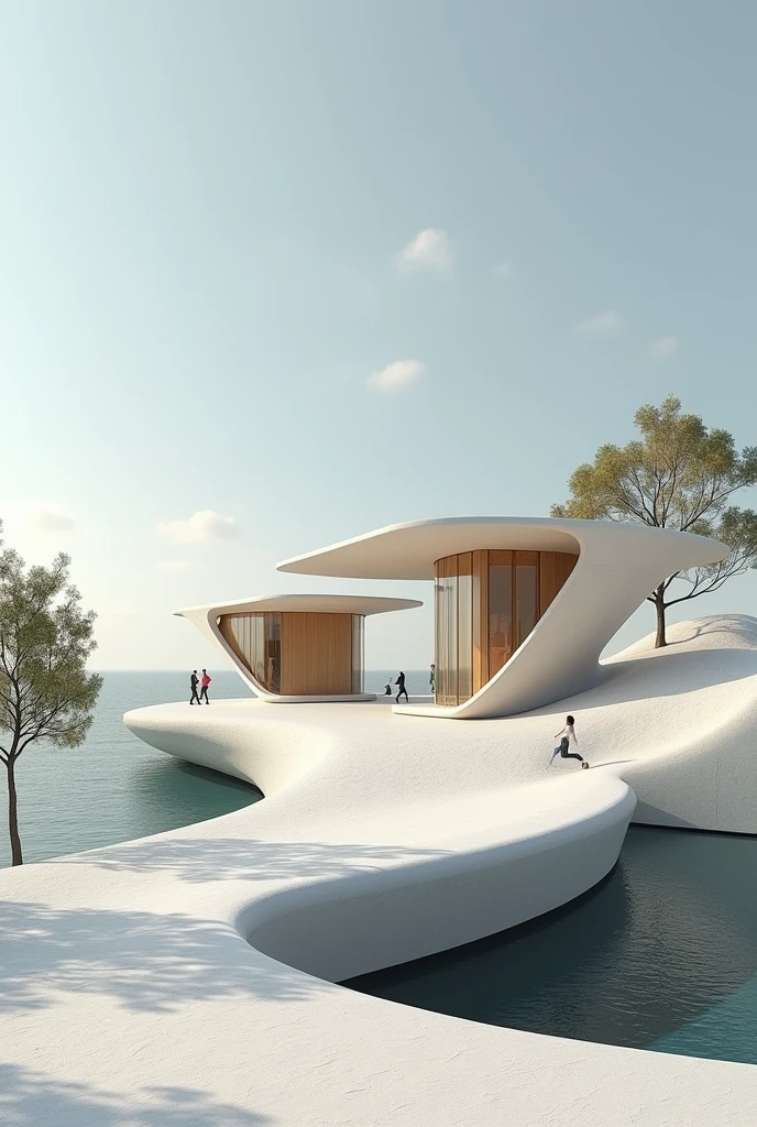 Create an image of three architectural structures with the concept of "BOAT" on sloping ground. The use of the structures is to create a space for market squares. Add clean geometric elements
