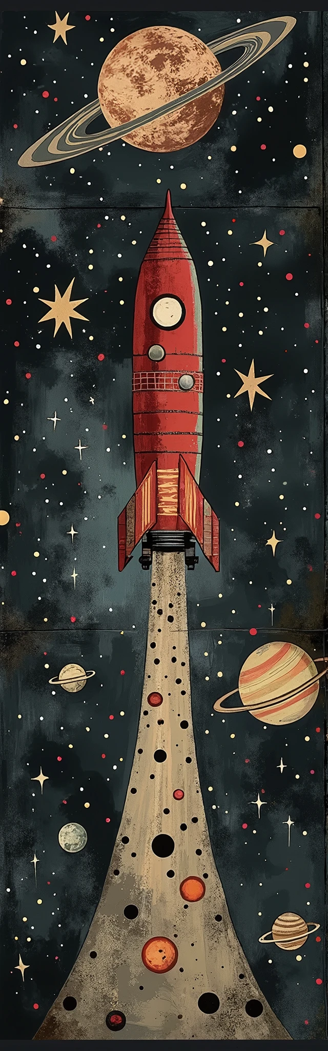 This painting depicts a rocket soaring through space, surrounded by planets, stars, and various celestial bodies. The artistic style is imaginative and vibrant, with a strong contrast between the dark colors of space and the bright hues of the rocket and planets. The rocket is painted in shades of red and orange, while the background of space is dominated by deep blues and blacks. These elements create a fantastical and adventurous atmosphere, reminiscent of illustrations in storybooks or contemporary fantasy art.