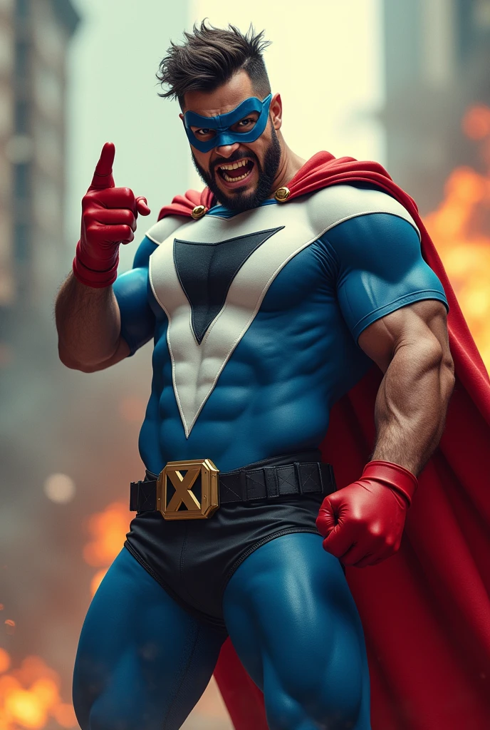 a man real age age . 40 Malaysia Indonesia black eyes . Anger face. Big belly fat. Big muscle arm.. Domino mask red. Open mouth. . wearing an blue white zippedshirt jumpsuit hero, wear big belt (P) font logo. anger face . Dramatic.((Blue pant, detailed face, cinematic , dramatic atmosphere,.nice day. vibrant colors, 8k, high quality, photorealistic. Hero suit. Wear red hand glove. Red cape. Very short hair messy wavy .. beard face. pointing hand pose. Running effect. Move fast.