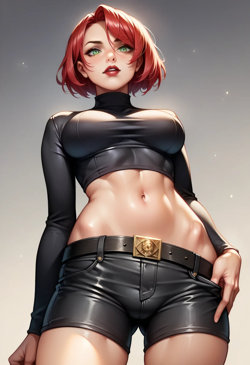 (high-level image quality), (high quality), (high resolution), (detailed), (masterpiece), beautiful woman, ((caucasian)), green eyes, red hair, short hair, dark red lipstick, slender body, perfect eyes, Detailed face, sexy black turtleneck, black shorts, black belt on the waist, portrait, down below, malicious face