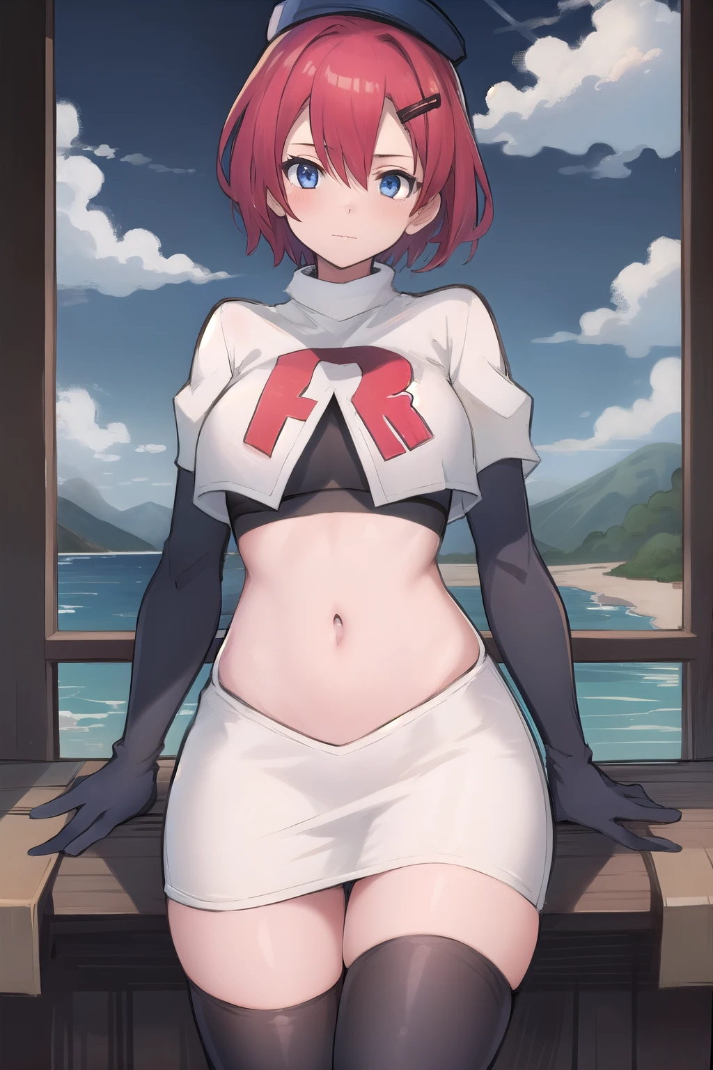 best quality, (masterpiece:1.2), illustration, absurdres, (1girl, solo, beautiful detailed girl),
Emily, short hair, red hair, hair ornament, hairclip, blue eyes, medium breasts,
garrison cap, team rocket,team rocket uniform,white skirt,red letter R,crop top,black thigh-highs,black elbow gloves,
field, sky, clouds, distant mountains,
looking at viewer, 