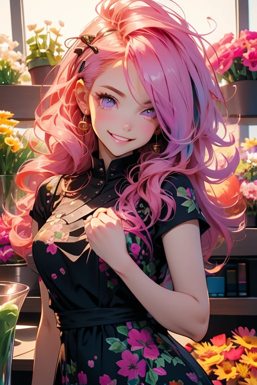 Perfect face. Perfect hands. A pink haired woman with violet eyes with an hourglass figure in a floral dress is smiling while selecting flowers in a floral shop