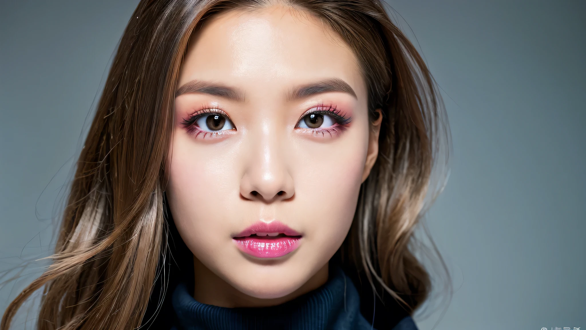 (Detailed face),vivid,Take off your hoodie,Silver glitter turtleneck bodysuit,4K,Ultra-high resolution,(Photorealistic:1.7),Gray background,Long Hair,