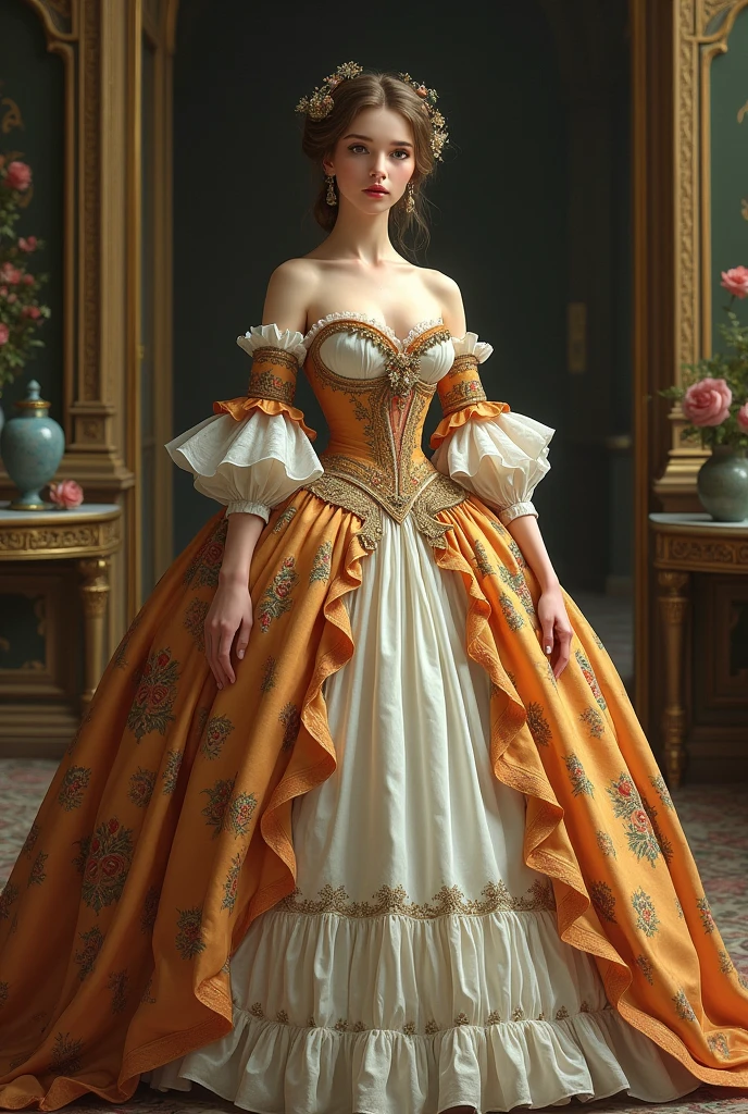 Full length portrait of a woman facing forward wearing a Rococo style dress from the 1700s, image with an art style by illustrator maikyodel
