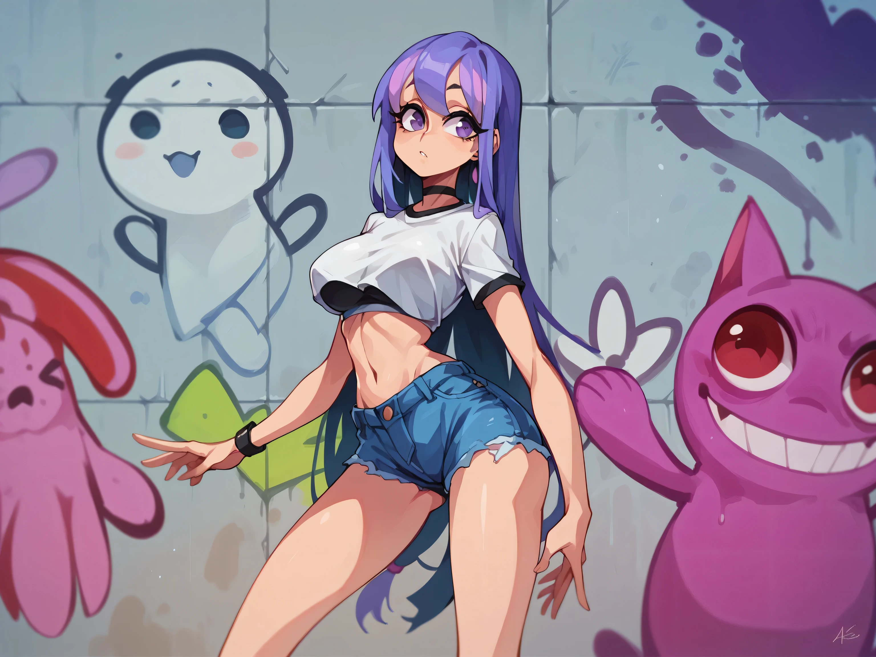 Masterpiece , Excellent quality , high resolution , 1 woman , Long Lilac Hair , White crop top , Jean Shorts , abdomen , big breasts , Long legs , hands on hips , Graffiti wall