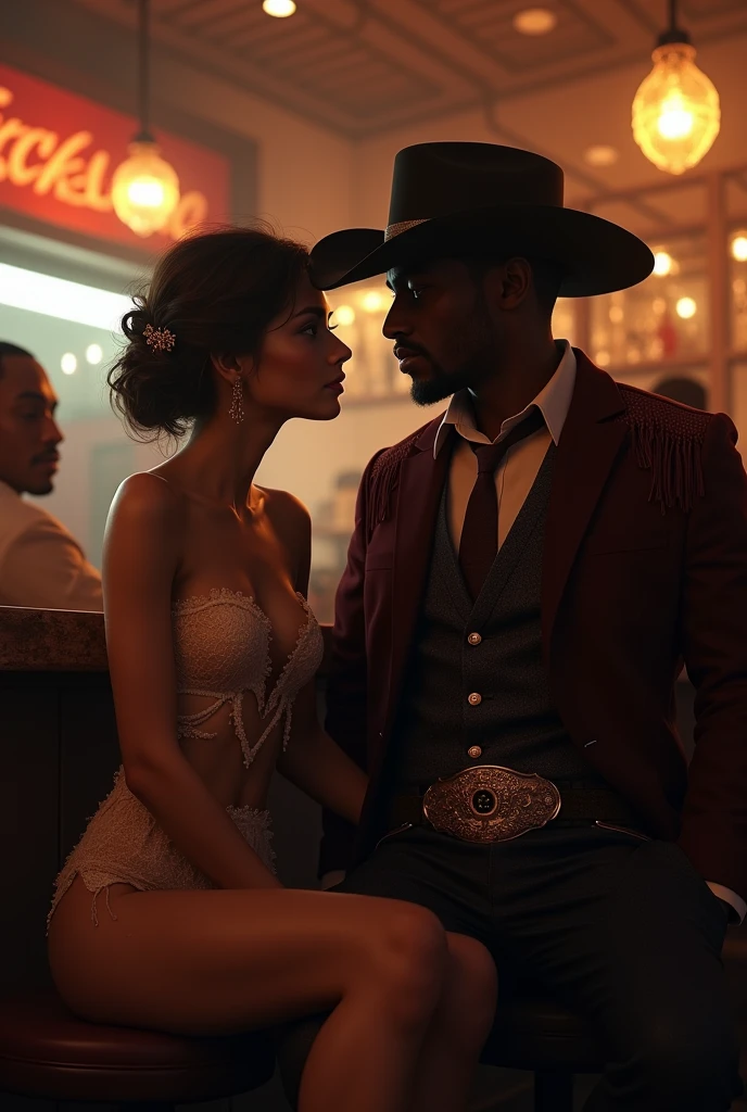 Young handsome cute beautiful skinny white face without cowboy shirt sitting next to a man dressed as a black millionaire cowboy in a dark bar serving beer cute little ass