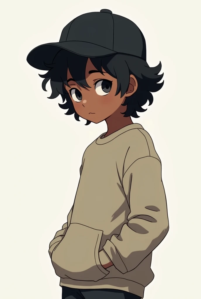 an anime version boy, medium curly hair, almost shoulder length, darkskin, hand in pocket, expression of boredom, sweatshirt with black cap