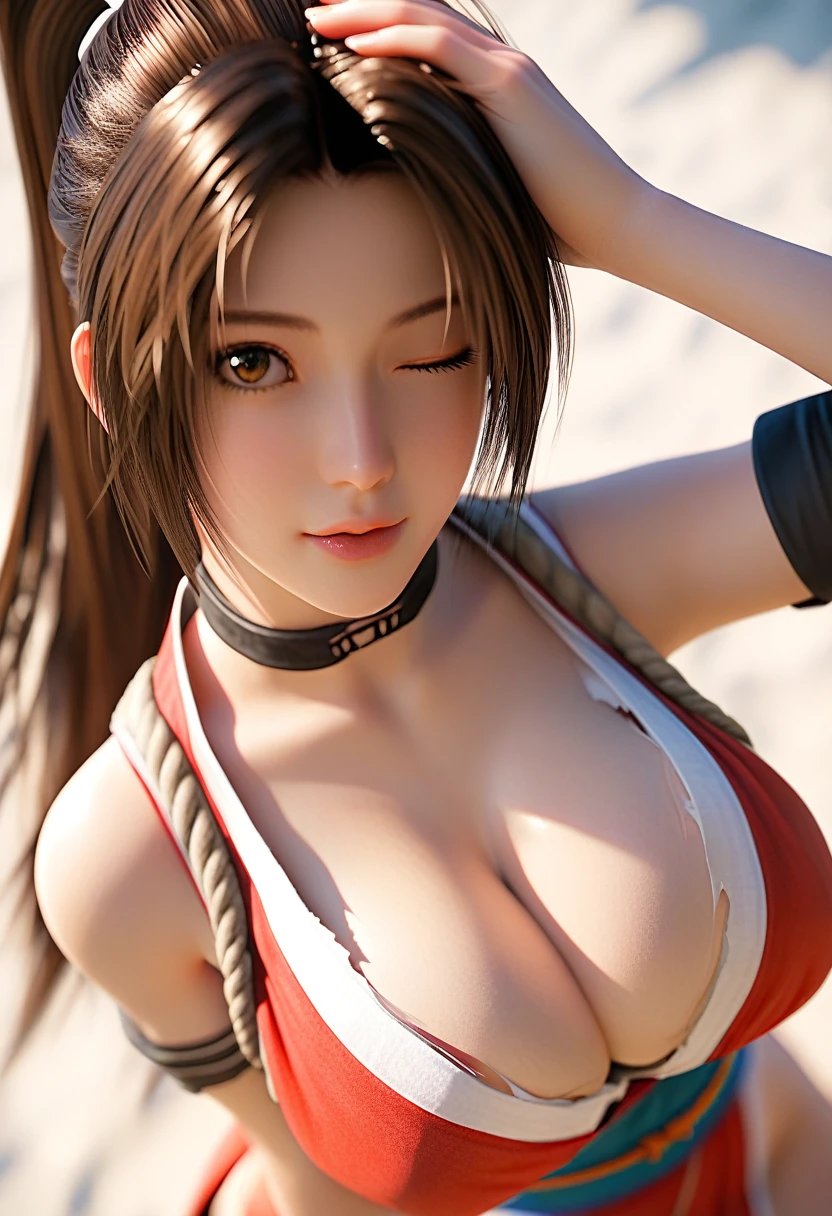 score_9, score_8_up, score_7_up, Girl's profile picture, realistic skin texture, detailed picture, close-up, HD32k, ((dutch angle, from above, looking up at viewer)), cleavage, breast squeeze, (extremely soft breasts), sagging breasts, long hair, brown hair, bare shoulders, brown eyes, ponytail, torn japanese clothes, sleeveless, torn choker, blurry, lips, blurry background, parted bangs, torn sash, high ponytail, rope, armband, ninja, shiranui mai,
BREAK
(face focus:1.2), close-up, standing, head tilt,
BREAK
(one eye closed), closed mouth, tongue out, one clenched hand on own head,
Painstaking Attention To Details,PEAnimeBG,starlight