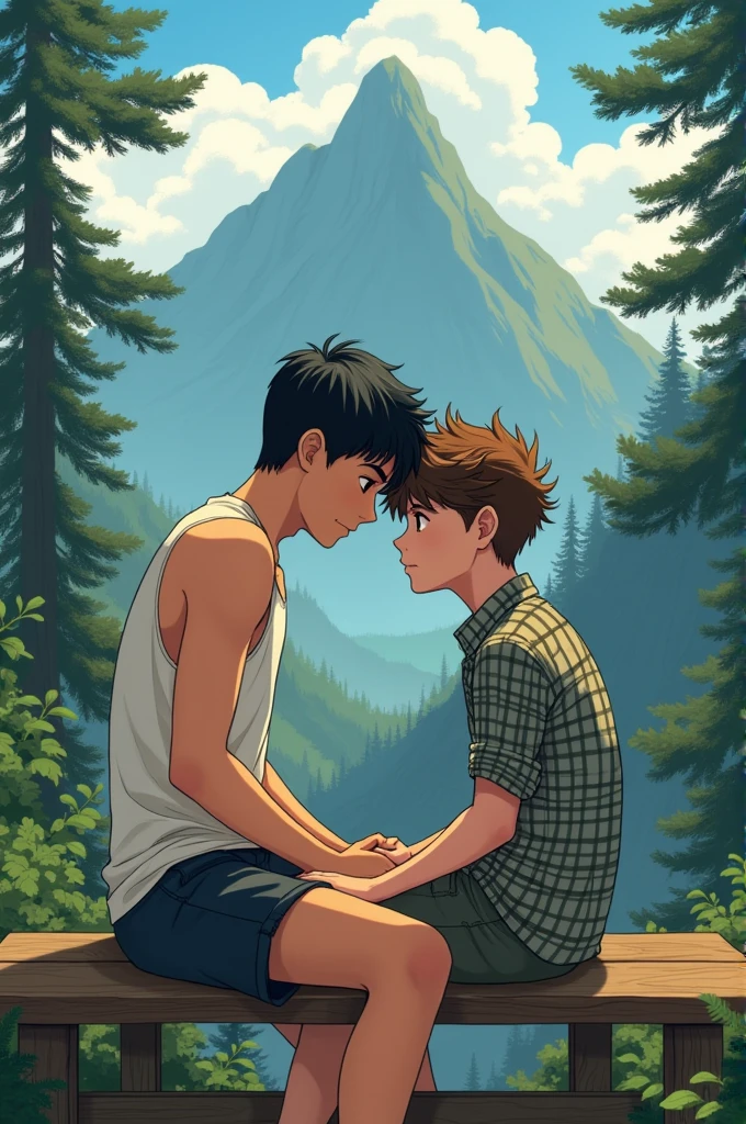 create an image with two boys on a bench. a taller one sitting with short black hair and tan skin sleeveless shirt and shorts. lying with his head in his lap is the other thin, smaller boy with fair skin and messy, curly brown hair, wearing plaid pants and shirt. the two have their hands on each other&#39;s heads and are getting closer to kiss. the scene is a mountain with trees around it. use yaoi manhwas reference.