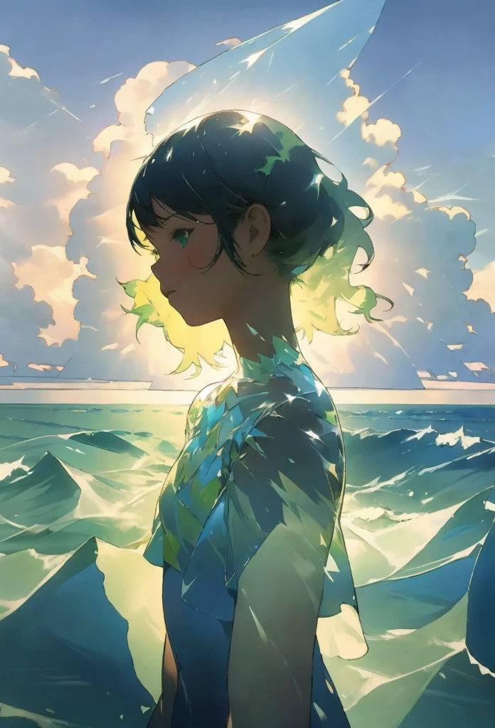 (double exposure), Transparent silhouette of a praying girl, look at the viewer, Beach and nature background exposed through the silhouette of a girl, Bright Themes, masterpiece, best quality, A refreshing shade of green, Fresh, clear sky, white cloud, vivid silhouette, Vivid three-dimensional texture, double exposure,