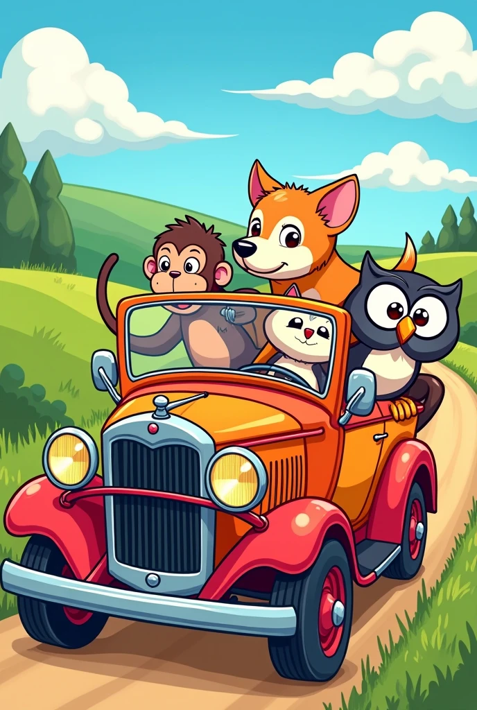  animated animals inside a car for a coloring book

