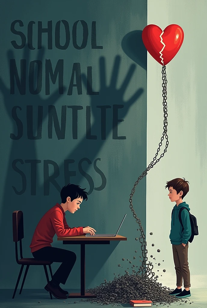 Here’s a more unique and impactful concept, focusing more on the stress part while still offering a glimpse of hope and solutions. This approach uses symbolism and contrasting visuals to emphasize the weight of stress and the relief from it.
---
### Image Description: **Youth Mental Health: Confronting the Shadows of Stress**
**Overall Concept:**
- **Theme:** Youth Mental Health
- **Headlines:** At the top of the image, bold, capitalized text reads **"Youth Mental Health: Confronting the Shadows of Stress."** The font is slightly distressed, symbolizing the tension and impact of stress.
**Layout:**
- **Split Diagonal Composition:**
- The image is split diagonally from the top-left corner to the bottom-right, creating two contrasting halves. The left side represents stress (darkness) and the right side represents relief (light).
**Left Side (Stressful Shadows):**
- **Color Scheme:** Deep, dark shades of grey, black, and navy blue dominate, giving a heavy, oppressive atmosphere.
- **Character Imagery:**
1. **Study Stress (Shadowed Figure):**
- A student sits at a desk, with large, dark shadowy hands gripping their shoulders, pulling them down. Their face shows exhaustion, and the books on the desk cast menacing, oversized shadows on the wall behind them.
- Above the figure, in dark, ominous text: **"Study Stress."**
2. **Life Stress (Entangled in Chains):**
- A young person tangled in thick chains, representing the burdens of daily life—smartphone notifications, bills, and social pressures hang like weights from the chains. The person struggles to move, weighed down by these symbols.
- Label this part **"Life Stress,"** with the text embedded in the chains.
3. **Family Stress (Splintered Heart):**
- A teenager stands with a cracked heart symbol hovering above them, split down the middle, representing family conflict. Behind them, distorted, shadowy figures argue, their hands outstretched as if pulling the teen in