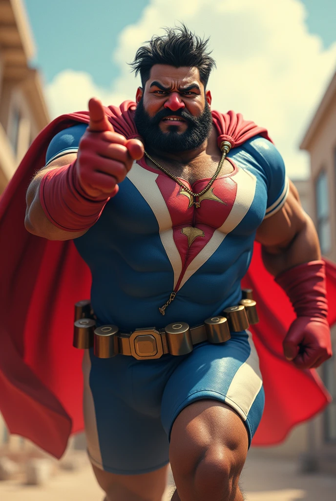 a man real age age . 40 Malaysia Indonesia black eyes . Anger face.very big nose red. Big belly fat. Big muscle arm.. Domino mask red. Open mouth. . wearing an blue white zippedshirt jumpsuit hero, wear big belt (P) font logo. anger face . Dramatic.((Blue pant, detailed face, cinematic , dramatic atmosphere,.nice day. vibrant colors, 8k, high quality, photorealistic. Hero suit. Wear red hand glove. Red cape. Very short hair messy wavy .. beard face. pointing hand pose. Running effect. Move fast.