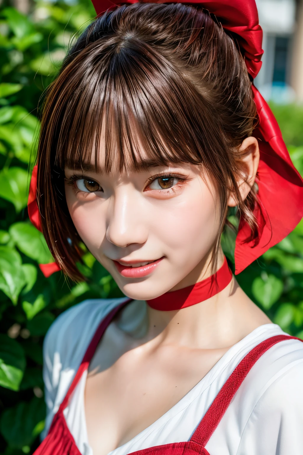  (photo-realistic,realistic:1.4), (best quality, masterpiece:1.2), RAW photo, high resolution, intricate details, extremely detailed, sharp focus, cinematic lighting,
solo, 1girl, a **** Japanese girl, (dynamic pose), (detailed face, beautiful detailed eyes, beautiful pupils, sophisticated nose), pale skin, (cheerful grin),
(brown hair, short hair, bangs), collarbone, cotton clothes, long sleeve, white shirt, blooch tie, (red cami dress), red choker, (red hair ribbon barrette), red ankle strap pumps, photo background, outdoors,
