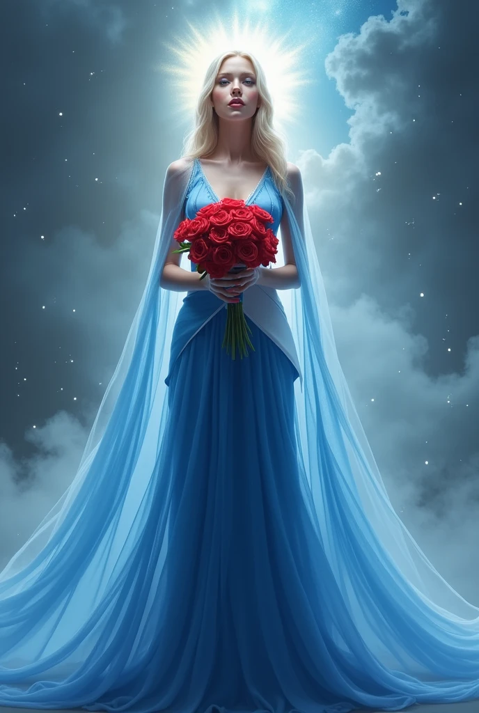 Generates a sports godmother in a blue evening dress, white band and a bouquet of red roses