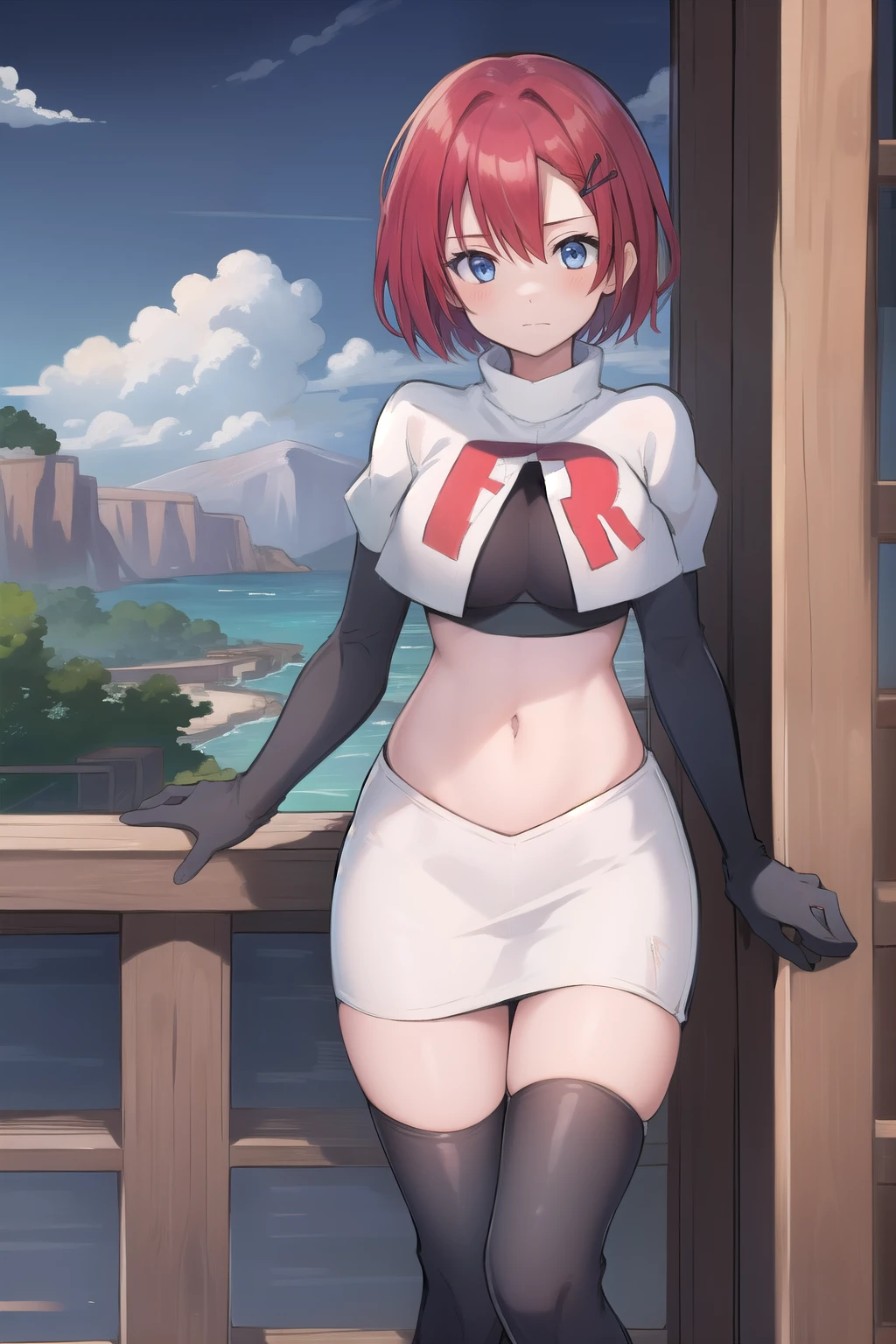 best quality, (masterpiece:1.2), illustration, absurdres, (1girl, solo, beautiful detailed girl),
Emily, short hair, red hair, hair ornament, hairclip, blue eyes, medium breasts,
garrison cap, team rocket,team rocket uniform,white skirt,red letter R,crop top,black thigh-highs,black elbow gloves,
field, sky, clouds, distant mountains,
looking at viewer, 