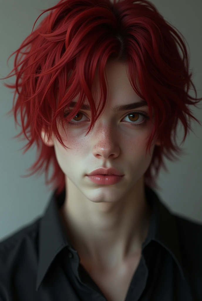 male, pale skin, dark red emo hair, dark brown eyes, button nose, attractive, slender eyes, adult man, no facial hair, realistic,