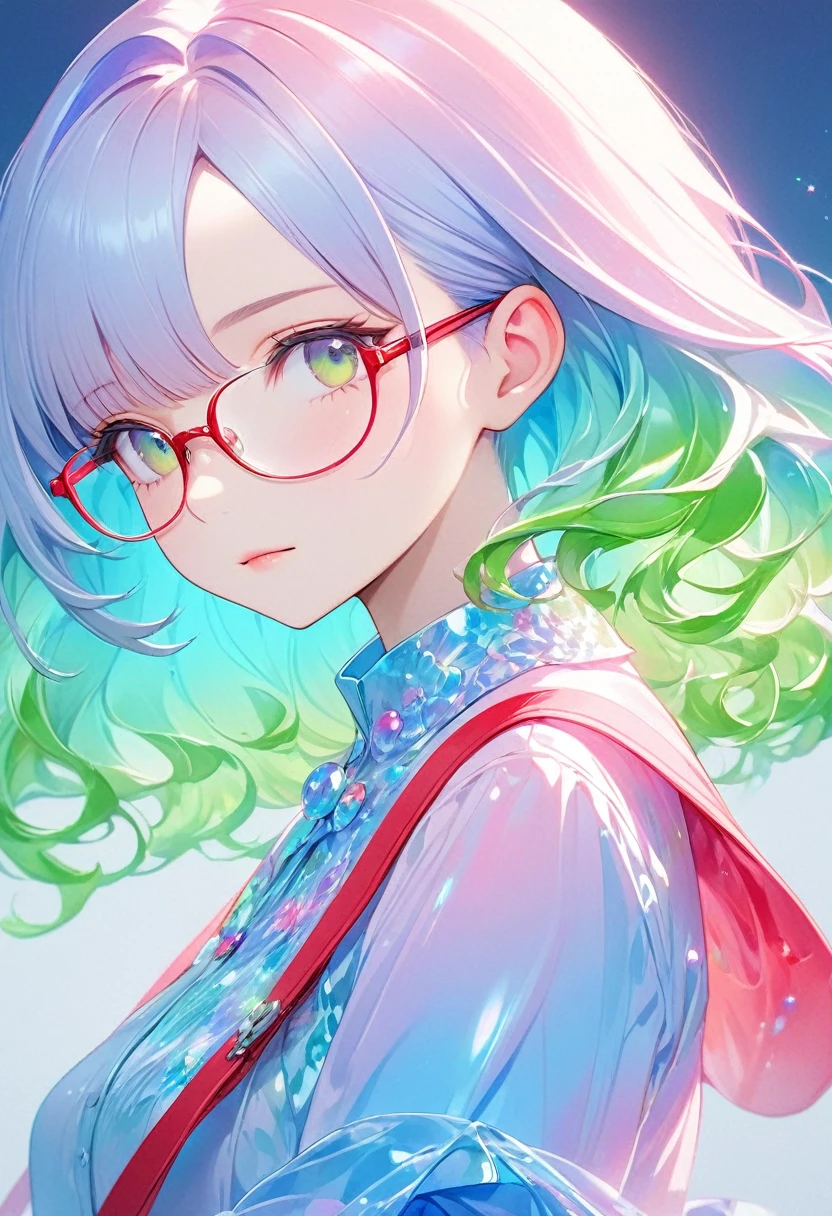 A girl with glasses.Highly detailed, Amazing work，Vitreous luster,((clean backdrop))，In pink，(((blue colors)))，green color，red colour，Best quality at best，clean backdrop。