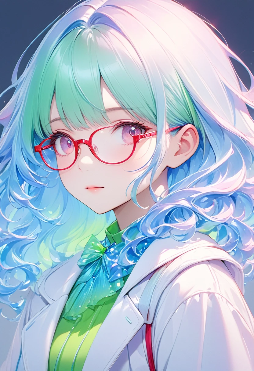 A girl with glasses.Highly detailed, Amazing work,Vitreous luster,((clean backdrop)),In pink,(((blue colors))),green color,red colour,Best quality at best,clean backdrop。