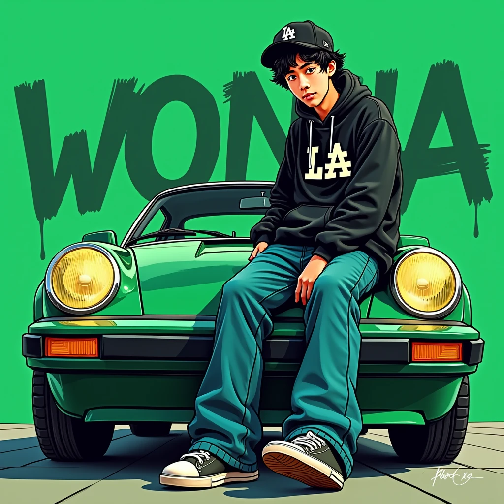 Image of a man sitting on the bonnet of a car, Yoshihiko Wada&#39;s album cover, winner of the behance contest, Doodle, official artwork, rap album cover, hip - hop album art cover, colored album art, hip hop music album cover, rap album cover art, official fanart, GTA Cover, hip hop album cover, album art cover, G-FUNK Hip Hop album cover, green background, green car, with the words If WONA behemes a gangster on the back of the picture, an Asian teenager wearing a black LA hoodie, a black LA ball cap with a deep press and a wide pair of jeans down, a troublemaker boy sits on the bonnet of a car and lets the car out to the side