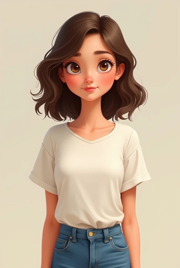brunette woman with brown eyes, long hair, white blouse with jeans, pixar art.