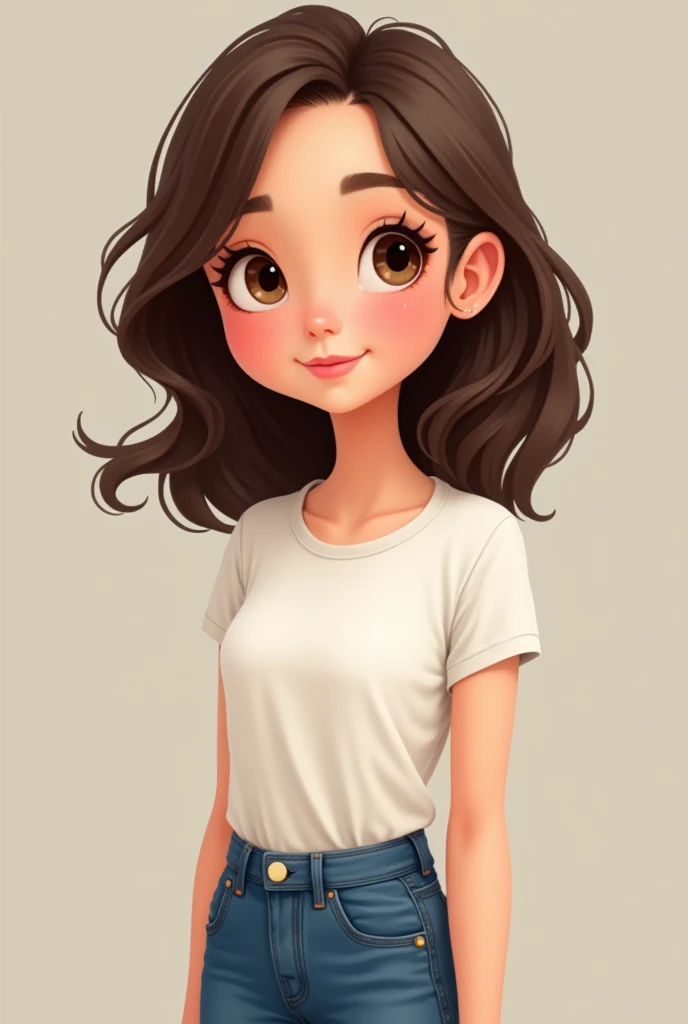 brunette woman with brown eyes, long hair, white blouse with jeans, pixar art.