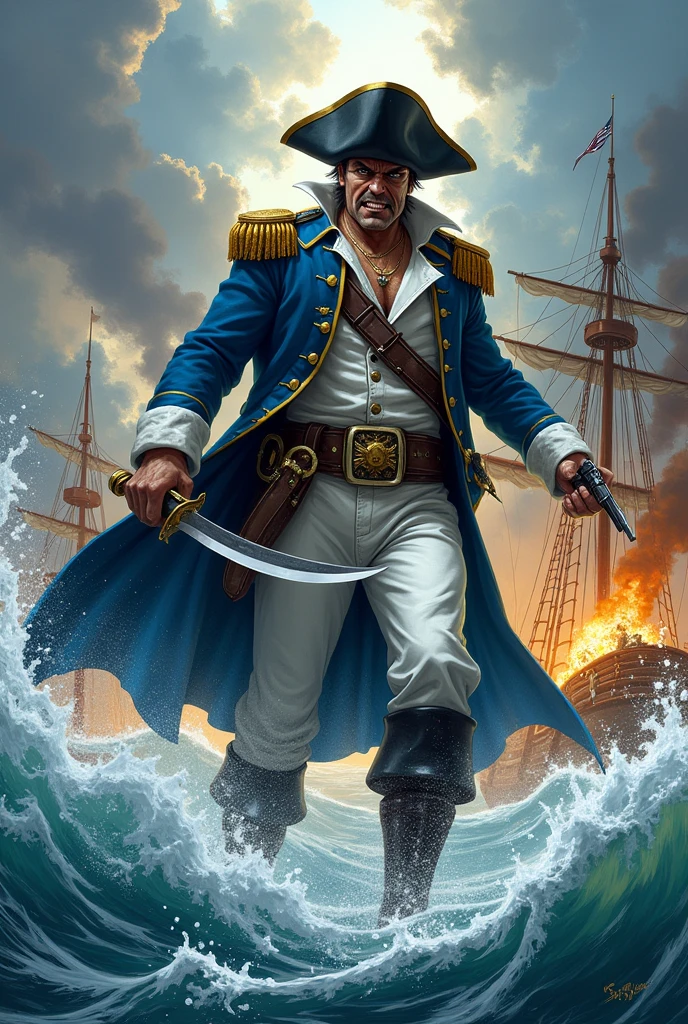 Create a pirate dressed in white and blue with the face of a very evil villain attacking a ship full of treasures fighting a battle in comic style.
