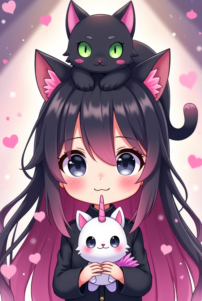 Girl with long pink and black hair with black eyes and a black cat on her head with green eyes and a unicorn plush toy in her hand Anime chibi style

