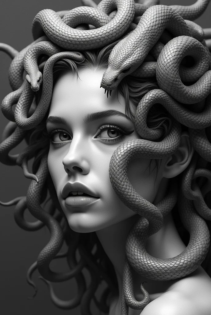 Drawing of Medusa with her snake hair being very beautiful with her face in profile , fangs and with his face half melted